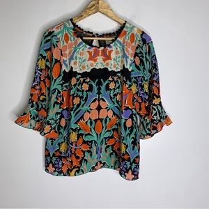 Anthropologie Maeve Pink Green Floral Flutter Flare Sleeve Top Women Sz 4 CPM4